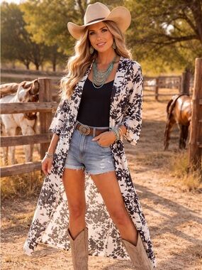 Crazy Train Long Duster Kimono Cardigan Black Cream Abstract Print